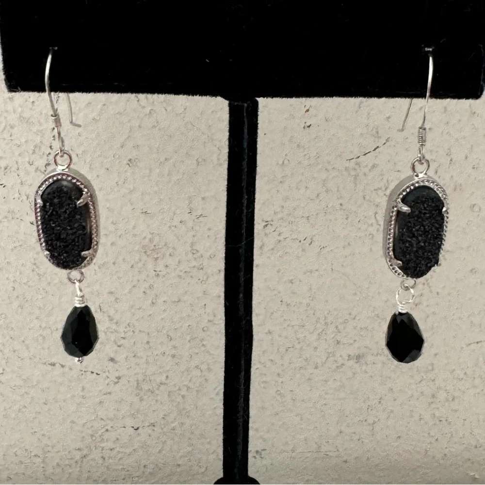 925 Sterling Silver Black Druzy Gemstone and Crystal Drop Earrings NEW